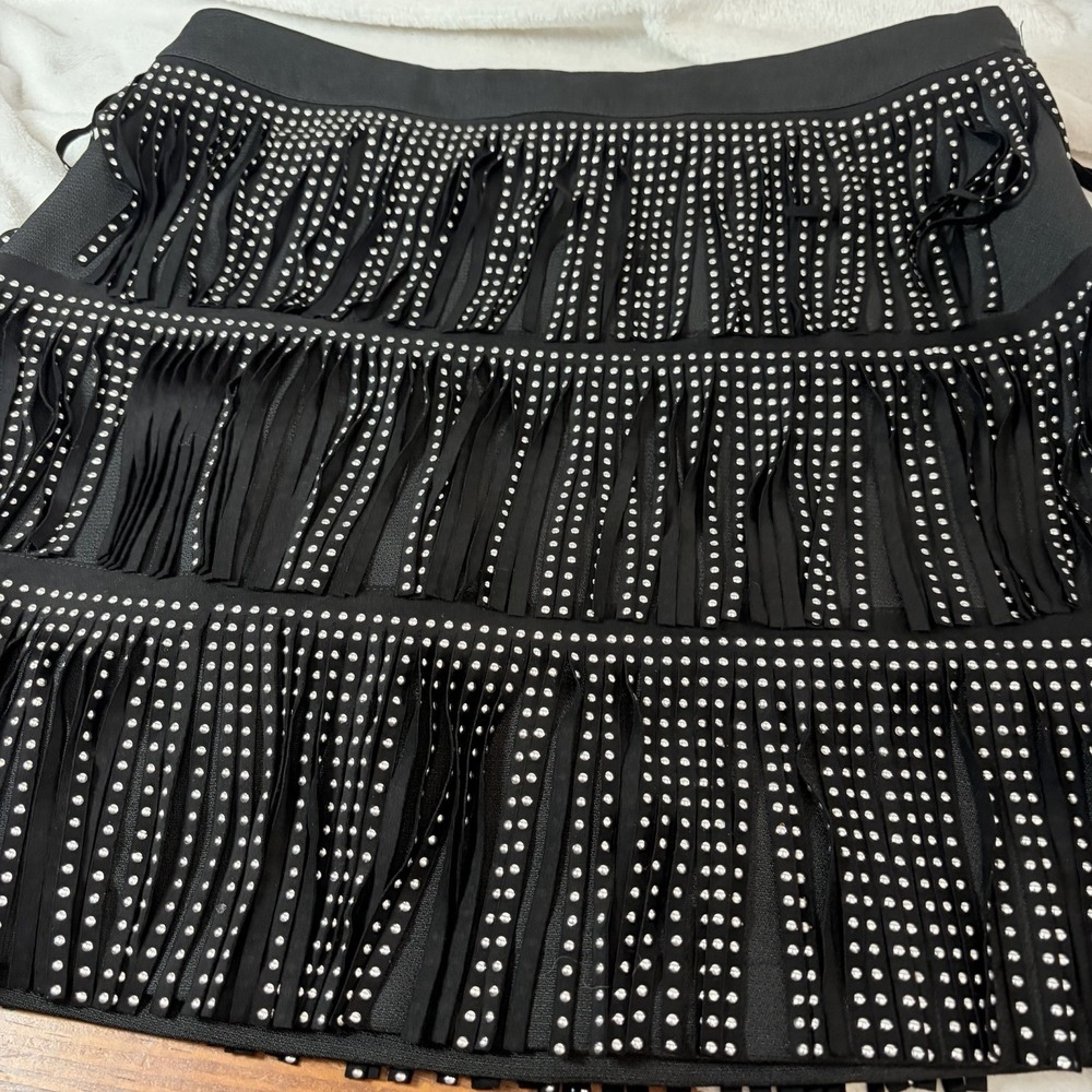 Mainstrip Black Faux Leather Studded Fringe Mini Skirt Large Western Cowgirl EUC